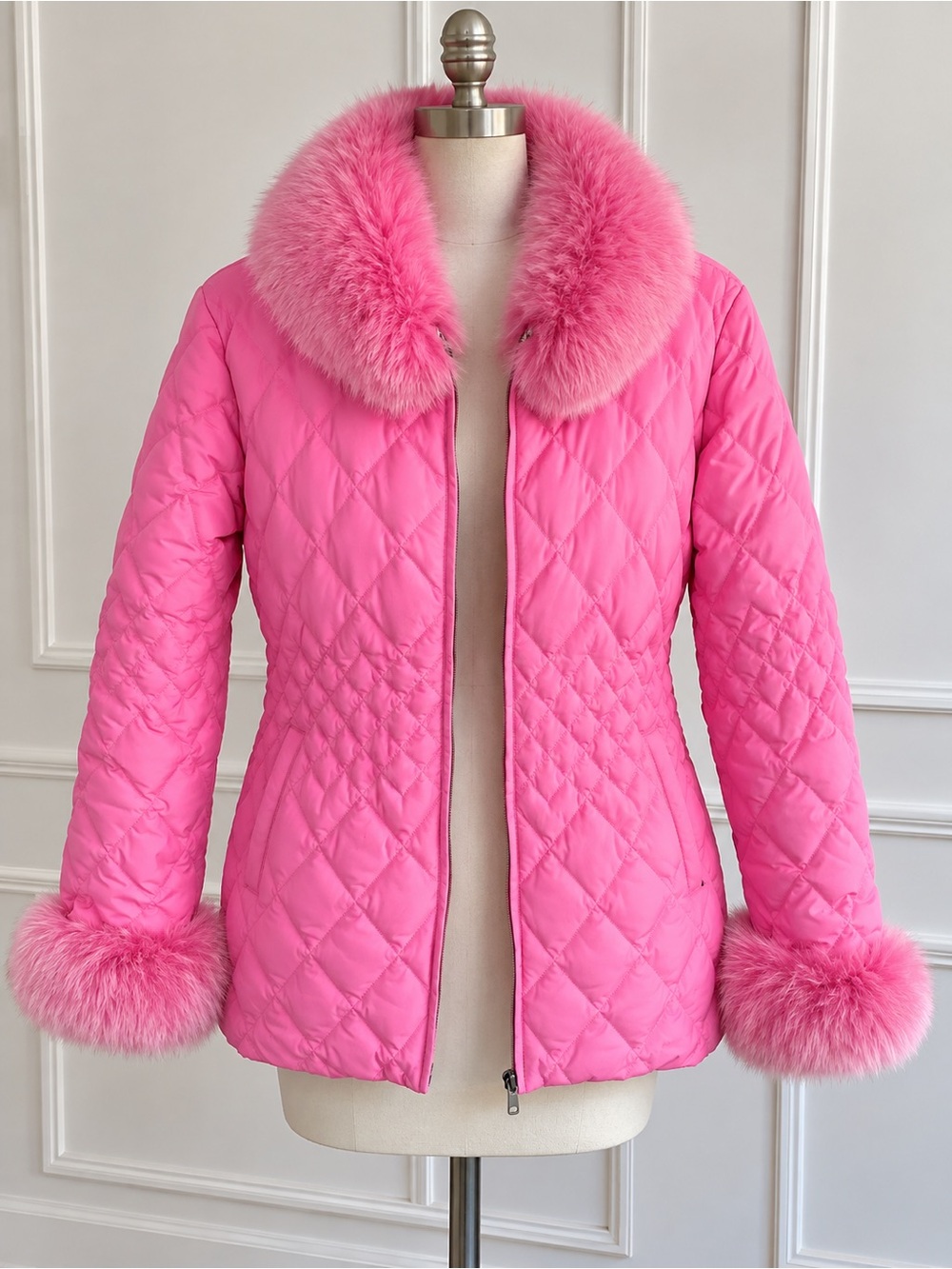 Marilyn Richards Pink Quilted Fur Trim Coat Jacket M Y2K